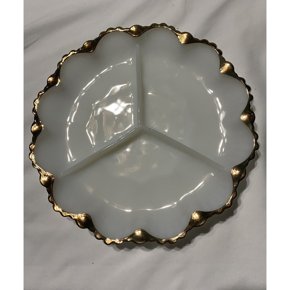 anchor hocking fire king 3 section milk glass with gold rim Vintage